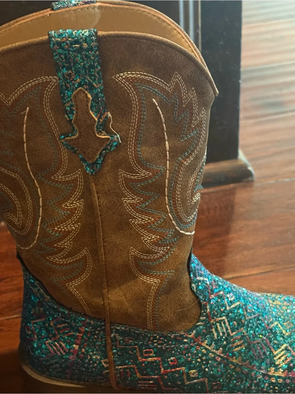 Western-Style Little Kid’s  Boots in Teal Multicolor Embellishment